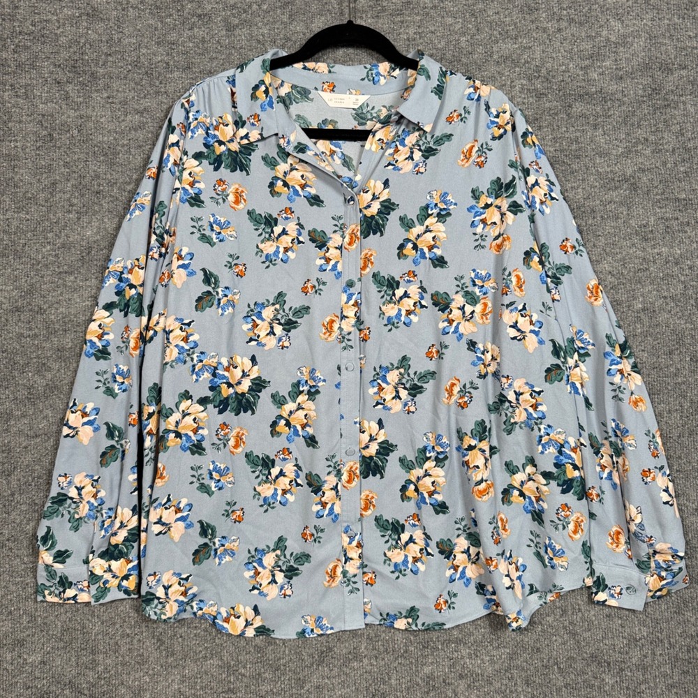 LC Lauren Conrad Womens Plus Size 2X Shirt Blouse Gray Floral Button Long Sleeve